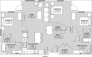 3A(a) Three Bedroom / Two Bath - 1,259 Sq. Ft.*